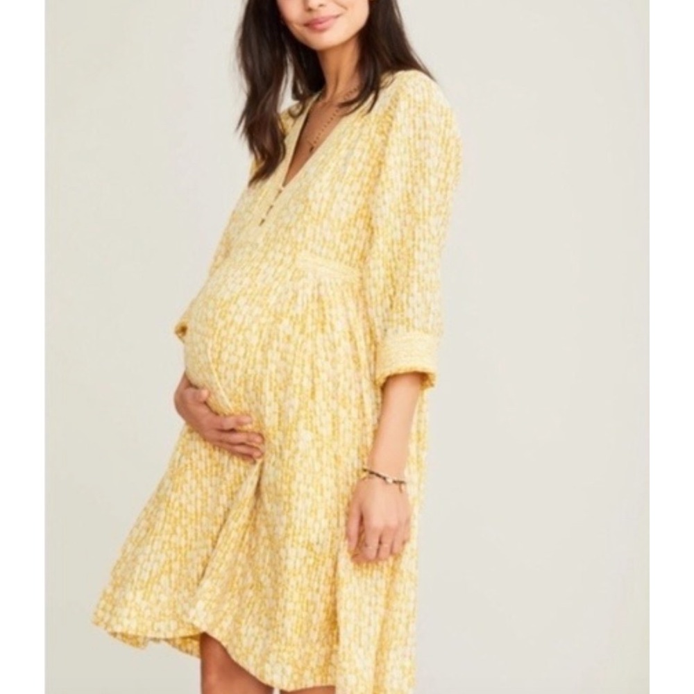 HATCH Kenzie Maternity Mini Dress in Yellow Floral Crinkle with Pockets - Picture 2 of 15
